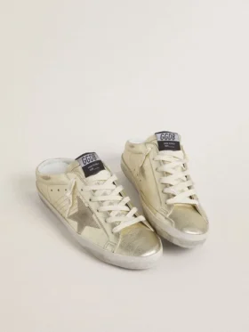 Super-Star Sabot en cuir plaqué platine avec étoile en daim beige