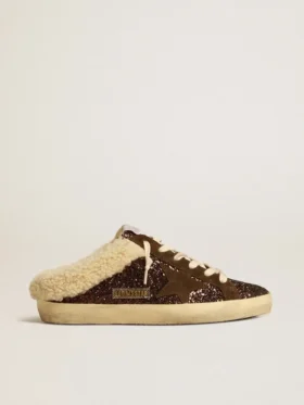 Super-Star Sabot pailleté avec étoile marron et doublure en peau de mouton