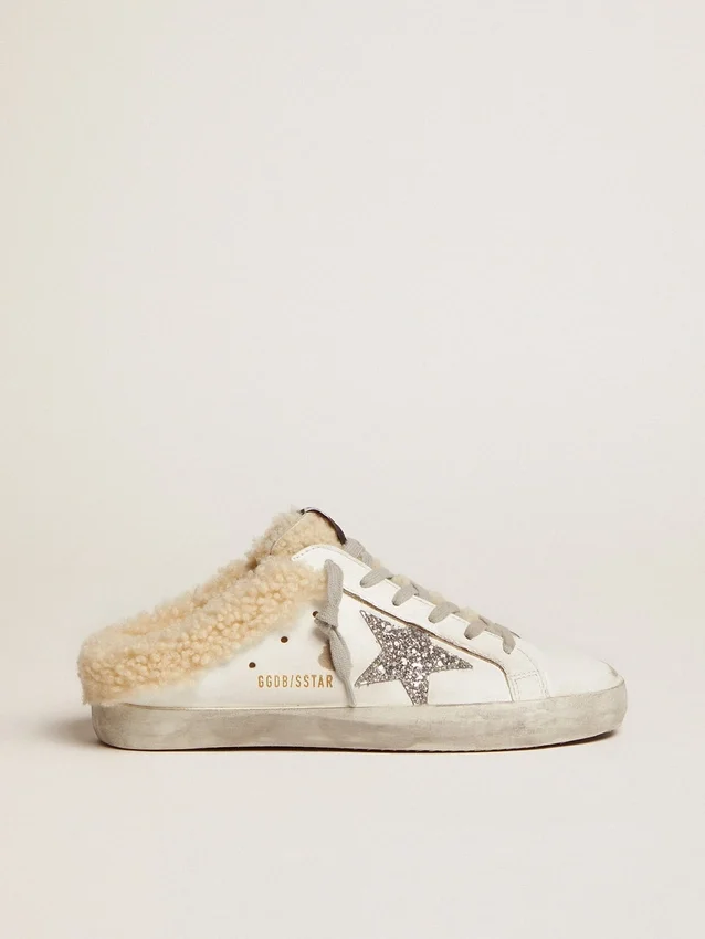 Super-Star Sabot pour femme en cuir blanc et doublure en peau de mouton