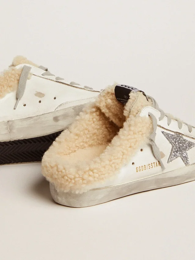 Super-Star Sabot pour femme en cuir blanc et doublure en peau de mouton