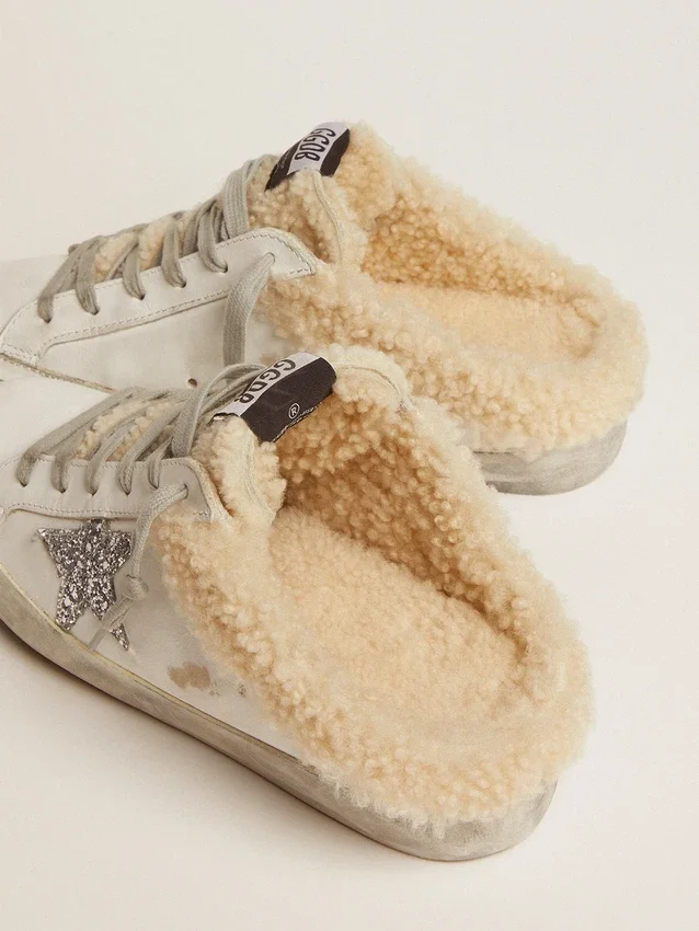 Super-Star Sabot pour femme en cuir blanc et doublure en peau de mouton