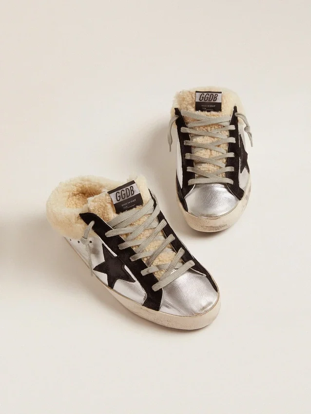 Super-Star Sabot pour femme en cuir laminé argenté avec étoile noire