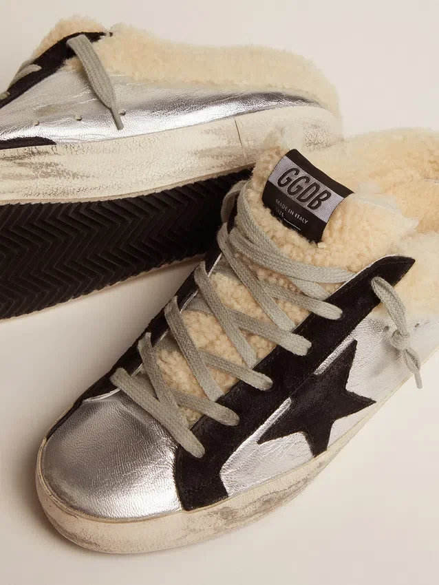 Super-Star Sabot pour femme en cuir laminé argenté avec étoile noire