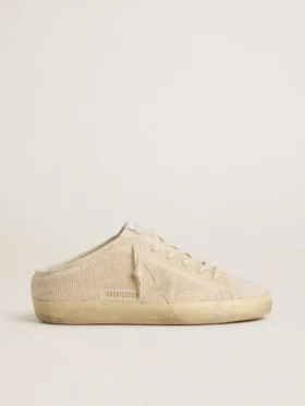 Super-Star Sabot pour femme en toile beige avec perles brodées et étoile en daim beige