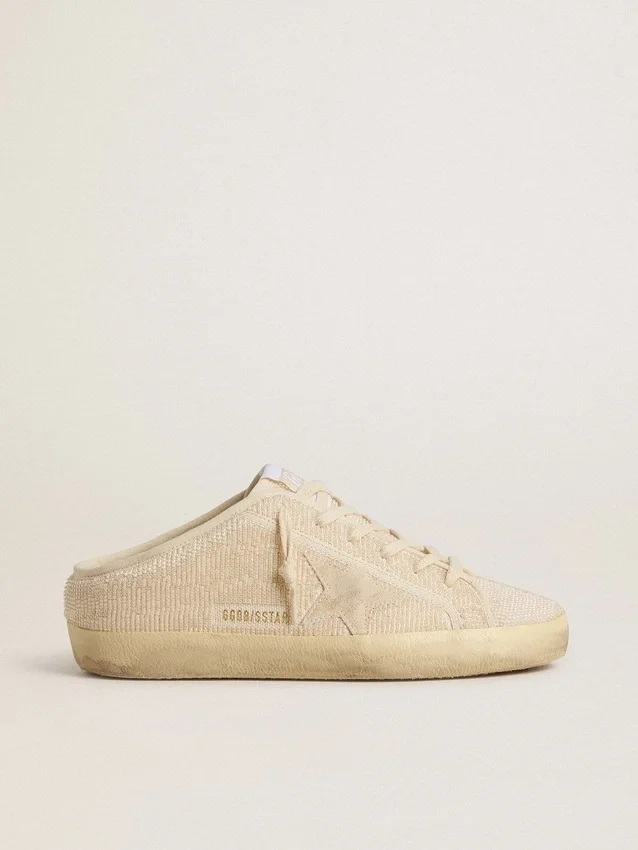 Super-Star Sabot pour femme en toile beige avec perles brodées et étoile en daim beige