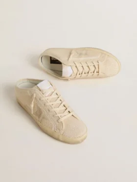 Super-Star Sabot pour femme en toile beige avec perles brodées et étoile en daim beige