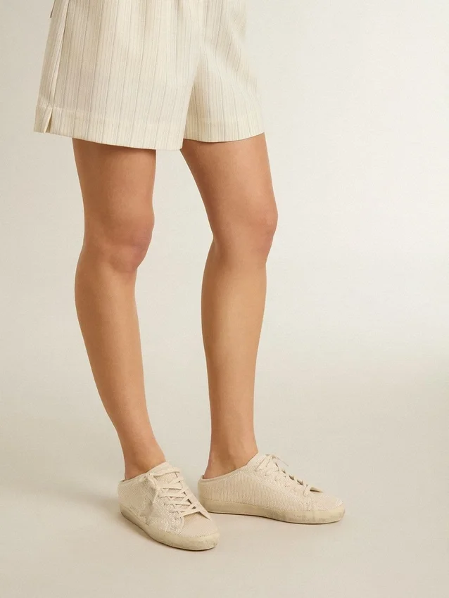 Super-Star Sabot pour femme en toile beige avec perles brodées et étoile en daim beige