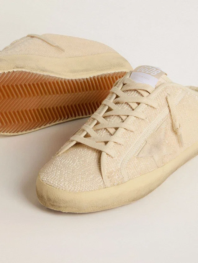 Super-Star Sabot pour femme en toile beige avec perles brodées et étoile en daim beige