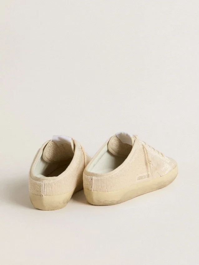 Super-Star Sabot pour femme en toile beige avec perles brodées et étoile en daim beige