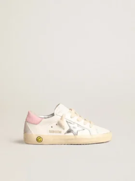 Super-Star Young avec étoile en cuir argenté et languette de talon rose