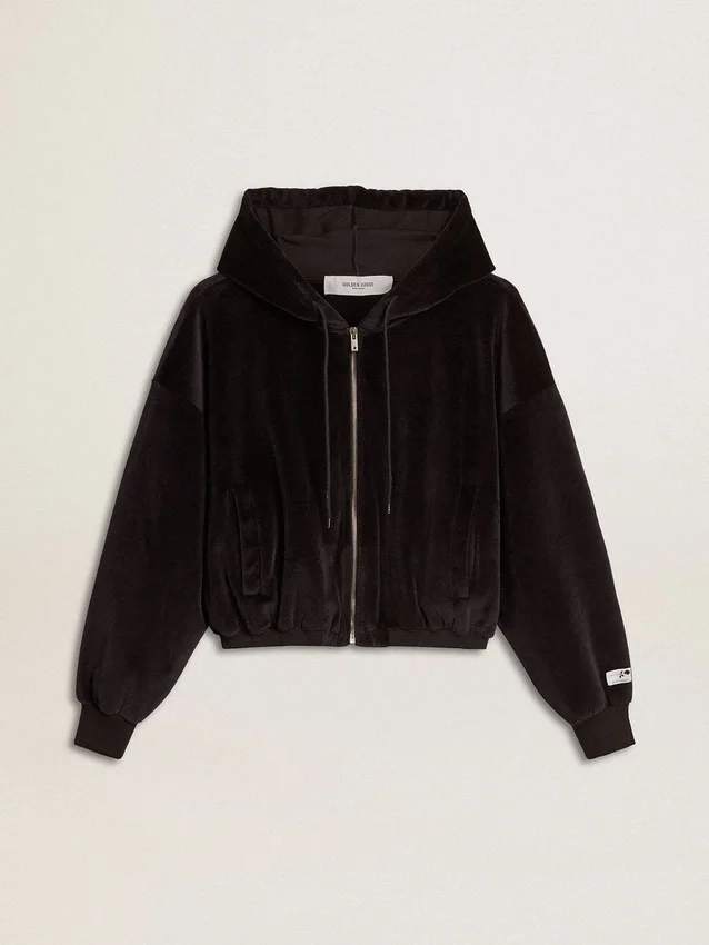 Sweat à capuche noir pour femme en mélange de coton avec fermeture éclair
