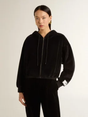 Sweat à capuche noir pour femme en mélange de coton avec fermeture éclair