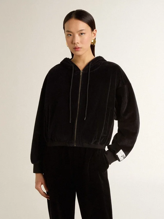 Sweat à capuche noir pour femme en mélange de coton avec fermeture éclair