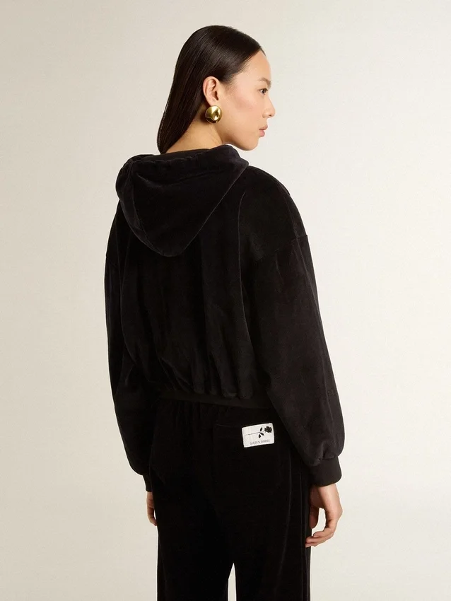 Sweat à capuche noir pour femme en mélange de coton avec fermeture éclair
