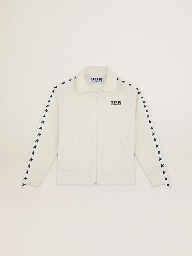 Sweat-shirt blanc à fermeture éclair pour femme, avec bande blanche et étoiles noires