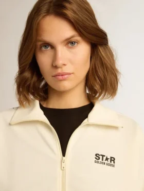 Sweat-shirt blanc à fermeture éclair pour femme, avec bande blanche et étoiles noires