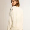 Sweat-shirt blanc à fermeture éclair pour femme, avec bande blanche et étoiles noires