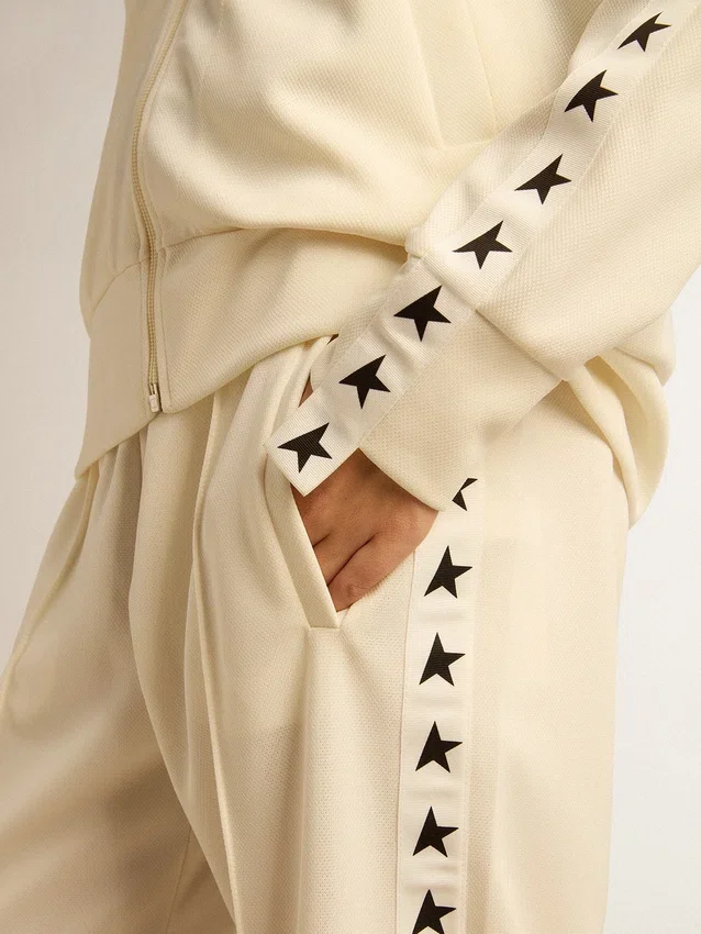 Sweat-shirt blanc à fermeture éclair pour femme, avec bande blanche et étoiles noires