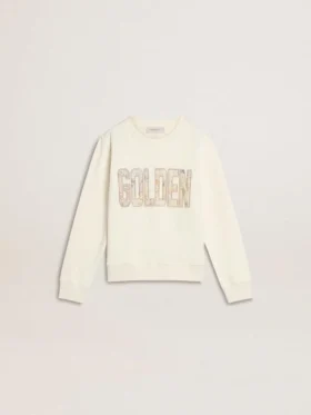 Sweat-shirt blanc pour fille avec inscription dorée multicolore sur le devant