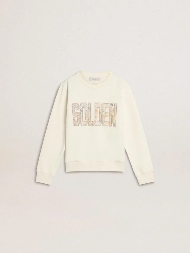Sweat-shirt blanc pour fille avec inscription dorée multicolore sur le devant