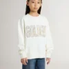 Sweat-shirt blanc pour fille avec inscription dorée multicolore sur le devant