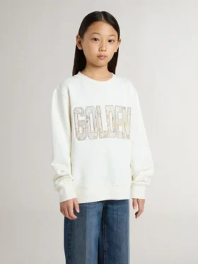 Sweat-shirt blanc pour fille avec inscription dorée multicolore sur le devant