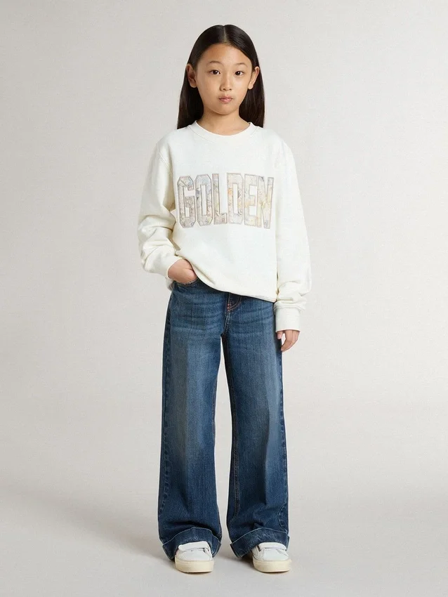 Sweat-shirt blanc pour fille avec inscription dorée multicolore sur le devant