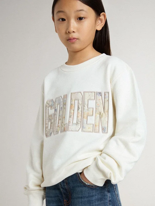 Sweat-shirt blanc pour fille avec inscription dorée multicolore sur le devant