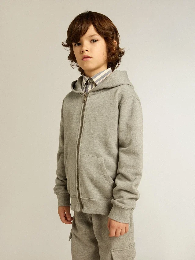 Sweat-shirt à capuche gris chiné avec imprimé dans le dos