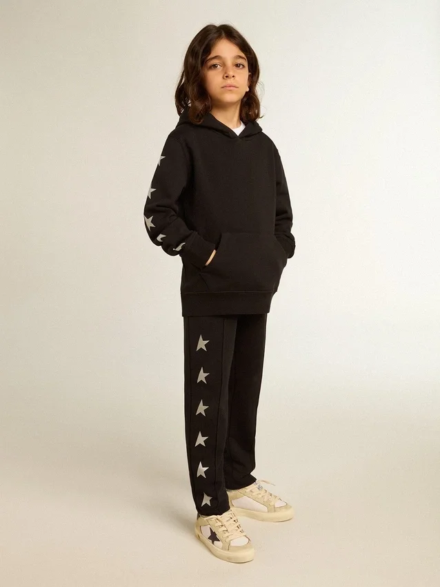 Sweat-shirt à capuche pour garçons noir orné d’étoiles argentées contrastantes