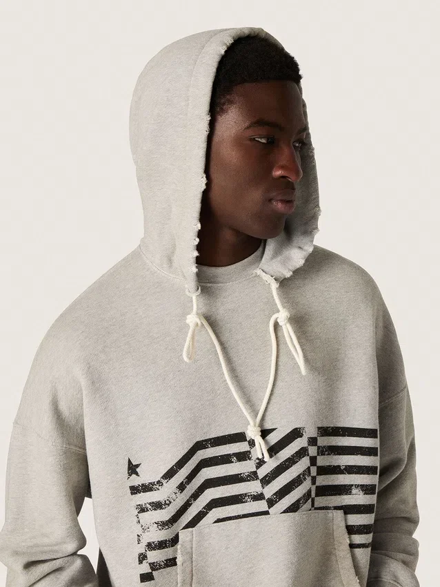 Sweat-shirt à capuche unisexe en coton gris avec imprimé drapeau vintage
