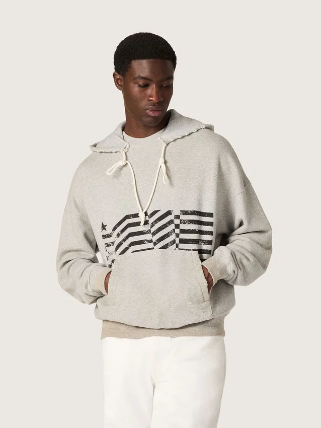 Sweat-shirt à capuche unisexe en coton gris avec imprimé drapeau vintage