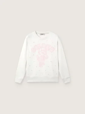 Sweat-shirt à col rond en coton blanc « Journey » pour filles, avec imprimé mascotte et applications de cristaux