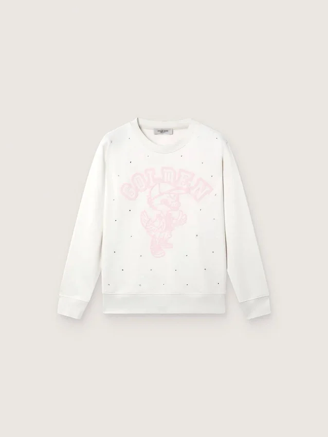 Sweat-shirt à col rond en coton blanc « Journey » pour filles, avec imprimé mascotte et applications de cristaux