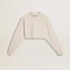 Sweat-shirt court en coton crème pour femme, orné de cristaux sur le devant