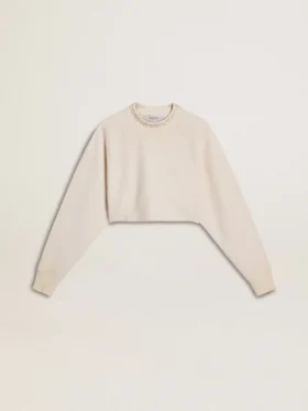 Sweat-shirt court en coton crème pour femme, orné de cristaux sur le devant