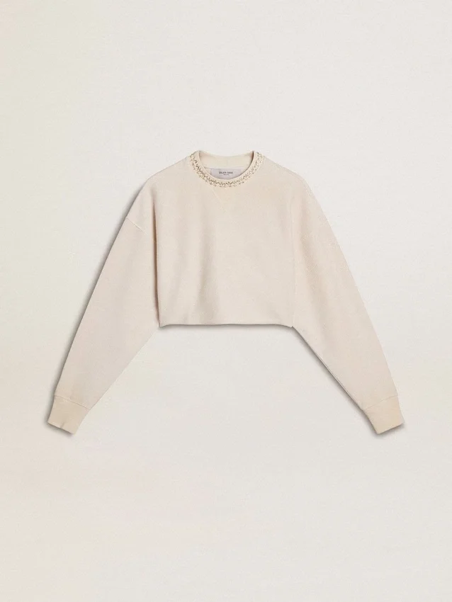 Sweat-shirt court en coton crème pour femme, orné de cristaux sur le devant