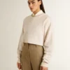 Sweat-shirt court en coton crème pour femme, orné de cristaux sur le devant