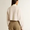 Sweat-shirt court en coton crème pour femme, orné de cristaux sur le devant