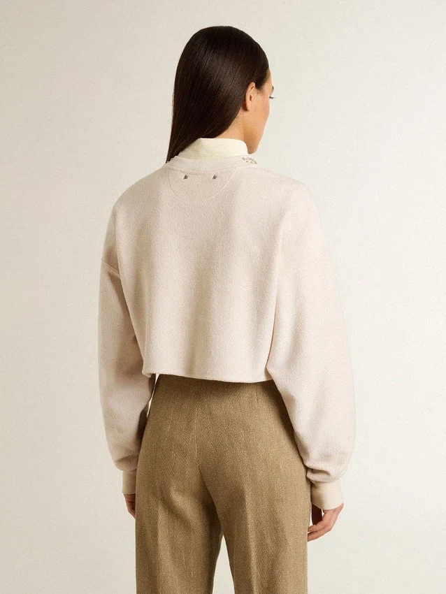 Sweat-shirt court en coton crème pour femme, orné de cristaux sur le devant