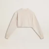 Sweat-shirt court en coton crème pour femme, orné de cristaux sur le devant
