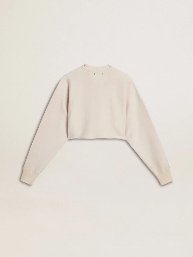 Sweat-shirt court en coton crème pour femme, orné de cristaux sur le devant