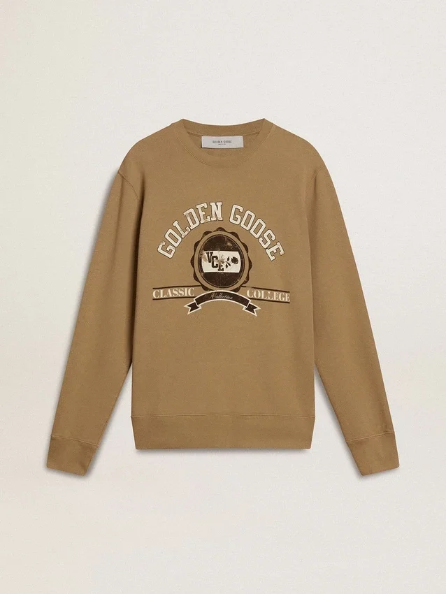 Sweat-shirt en coton beige pour homme avec imprimé sur le devant