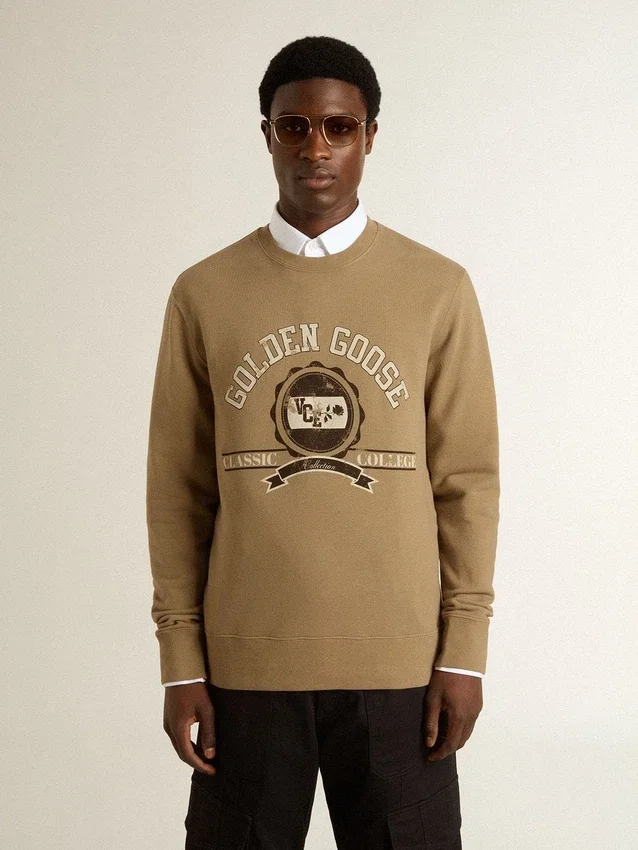 Sweat-shirt en coton beige pour homme avec imprimé sur le devant