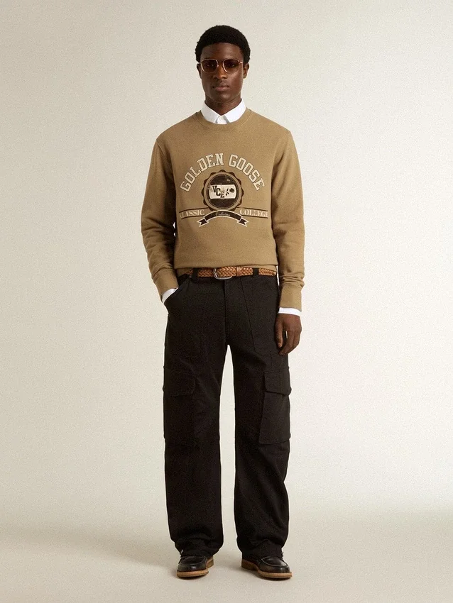 Sweat-shirt en coton beige pour homme avec imprimé sur le devant