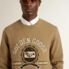 Sweat-shirt en coton beige pour homme avec imprimé sur le devant