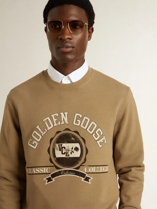 Sweat-shirt en coton beige pour homme avec imprimé sur le devant