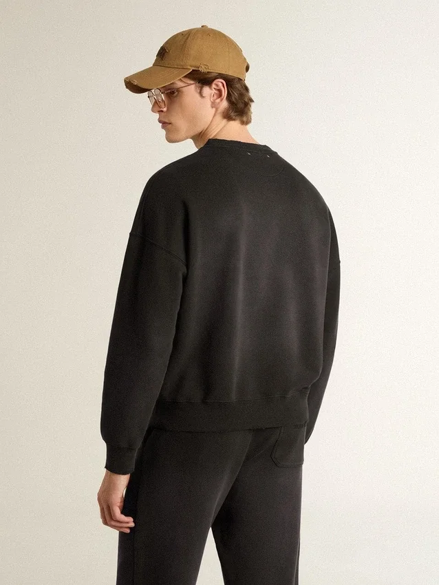 Sweat-shirt unisexe en coton noir délavé avec logo brodé