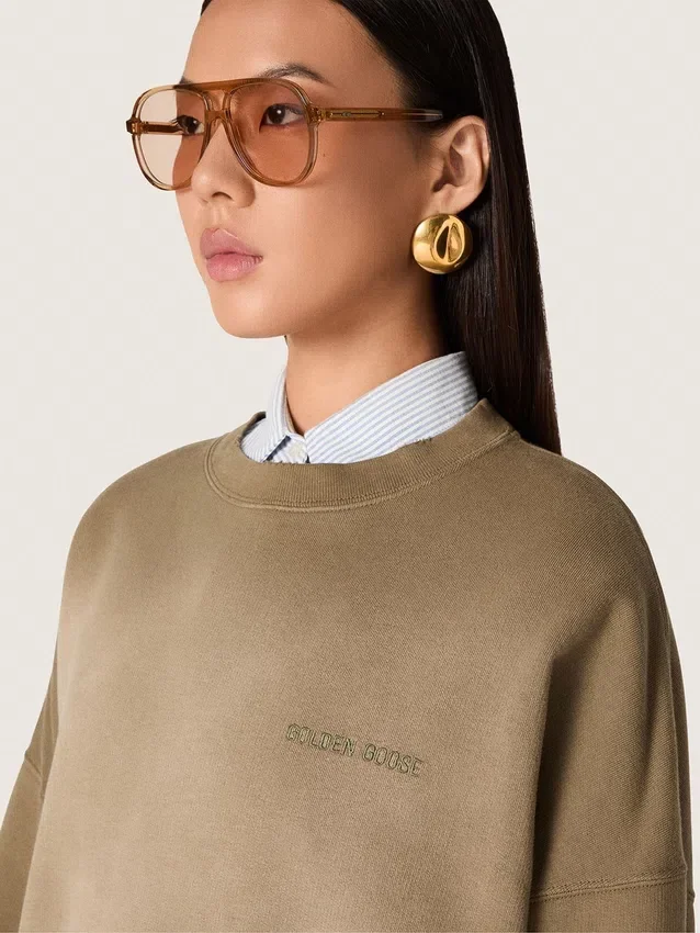 Sweat-shirt unisexe en coton vert militaire à l’aspect délavé avec logo brodé