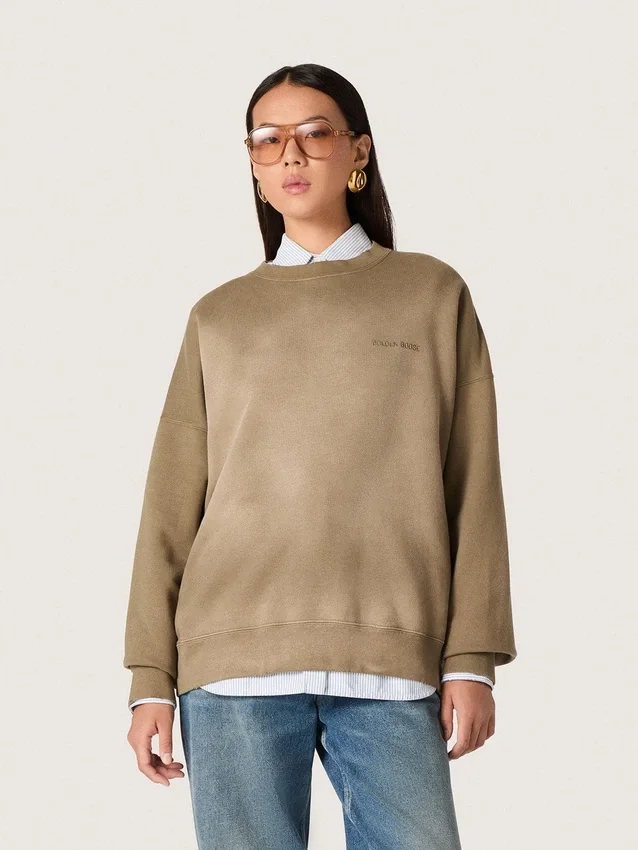 Sweat-shirt unisexe en coton vert militaire à l’aspect délavé avec logo brodé